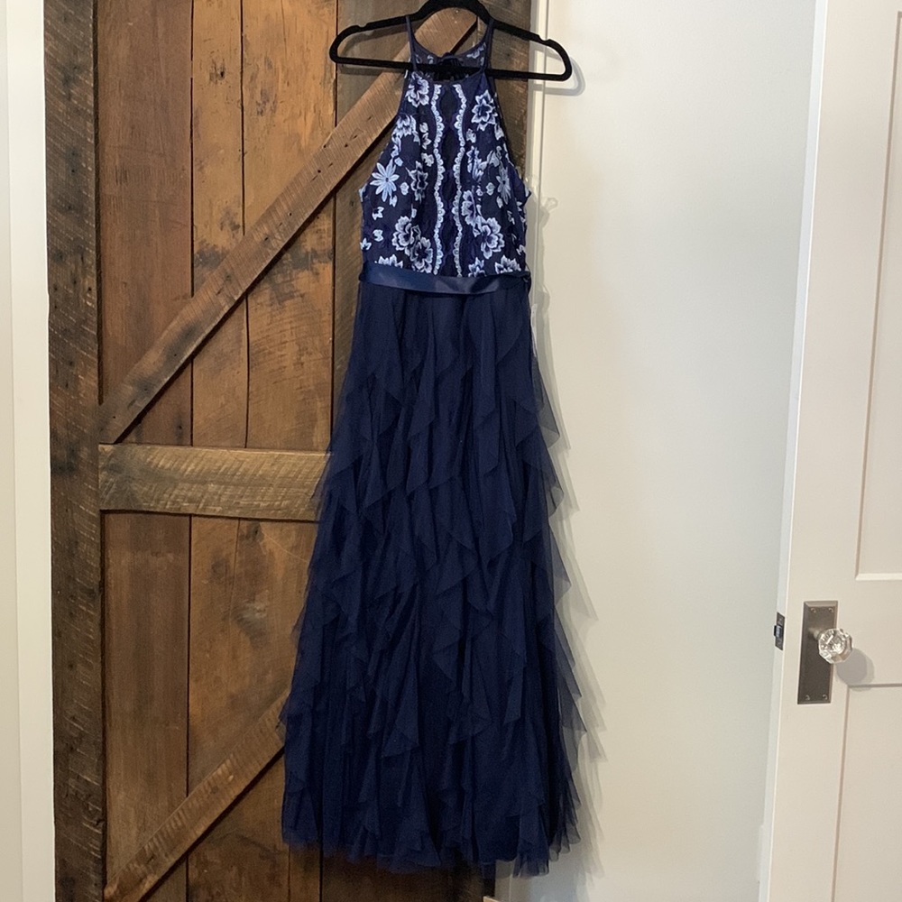 Formal navy blue dress with embroidered top and layered skirt. Good condition